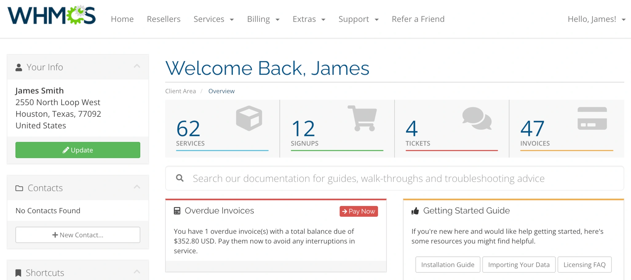 WHMCS dashboard screenshot